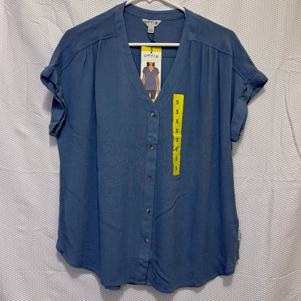 Orvis Womens Short Sleeve Button-Down Blouse Size Small Casual Blue S Shirt V
